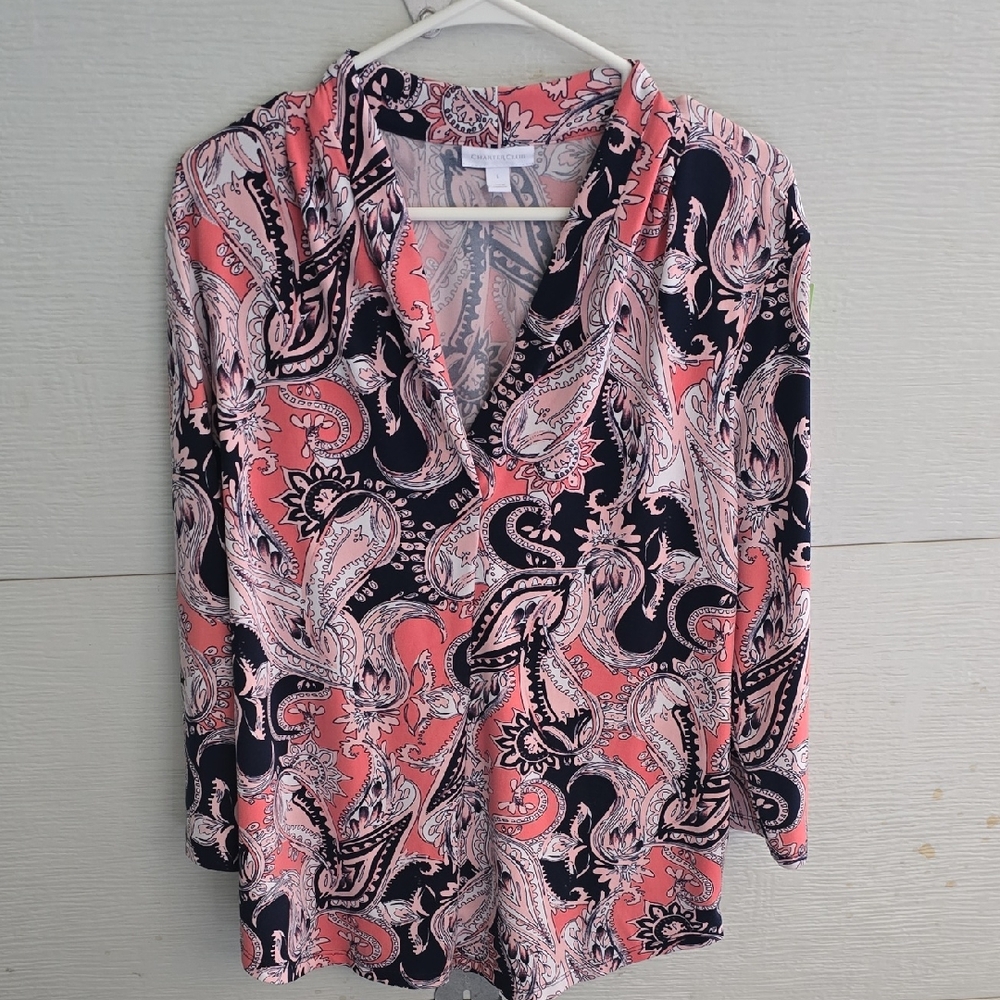 Charter Club 3/4 Sleeve Paisley Pink Guava Blouse Size L